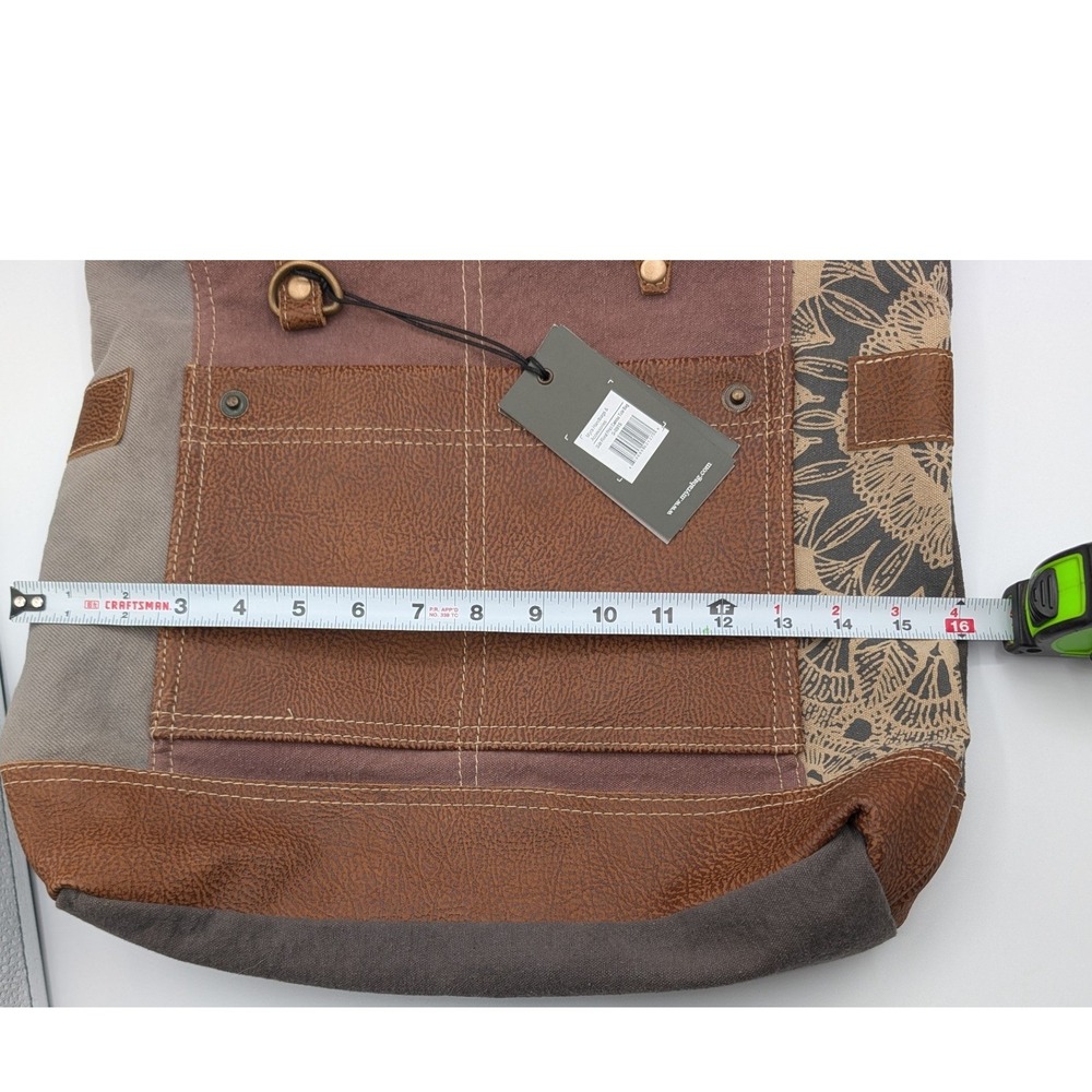 Myra Bag Upcycled Canvas Leather Patchwork Tote Bag Brown Grey Floral NWT - Picture 6 of 6